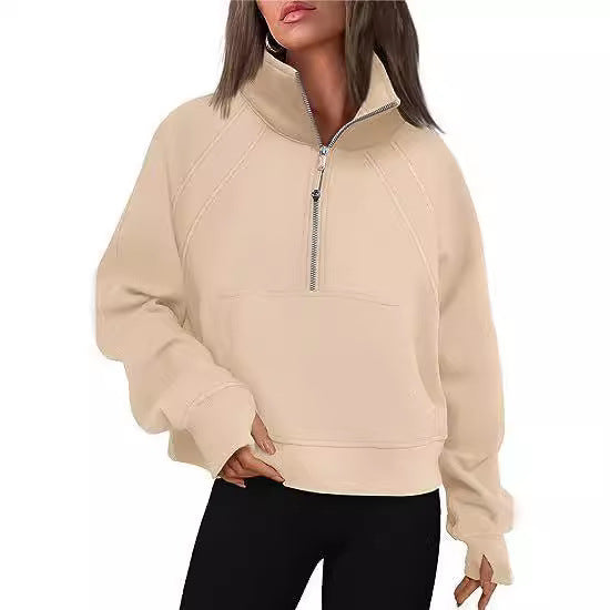 Dames pull-over mi-zip moelleux avec capuche et poche kangourou Chic und Stil