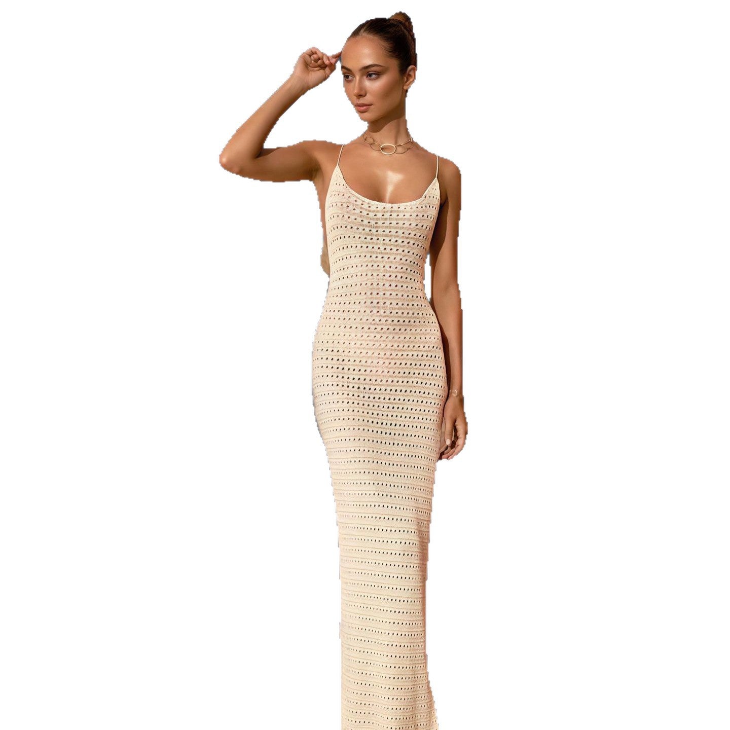 Robe maxi en tricot élégante pour femmes avec motif en losanges transparent