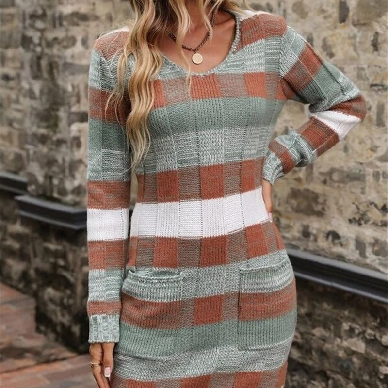 Robe en tricot pour femme au motif à carreaux moderne avec poches appliquées Chic und Stil