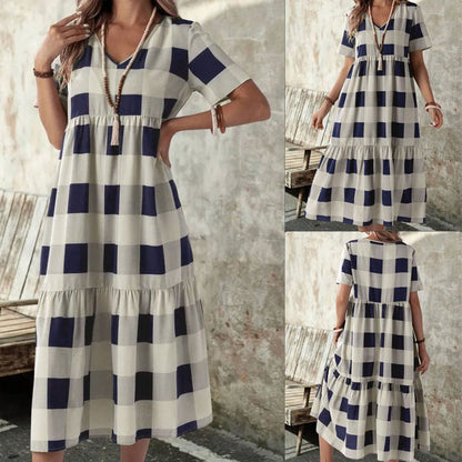 Robe longue à manches longues pour femmes avec un motif à carreaux à la mode et une coupe fluide Chic und Stil