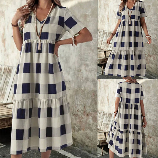 Robe longue à manches longues pour femmes avec un motif à carreaux à la mode et une coupe fluide Chic und Stil