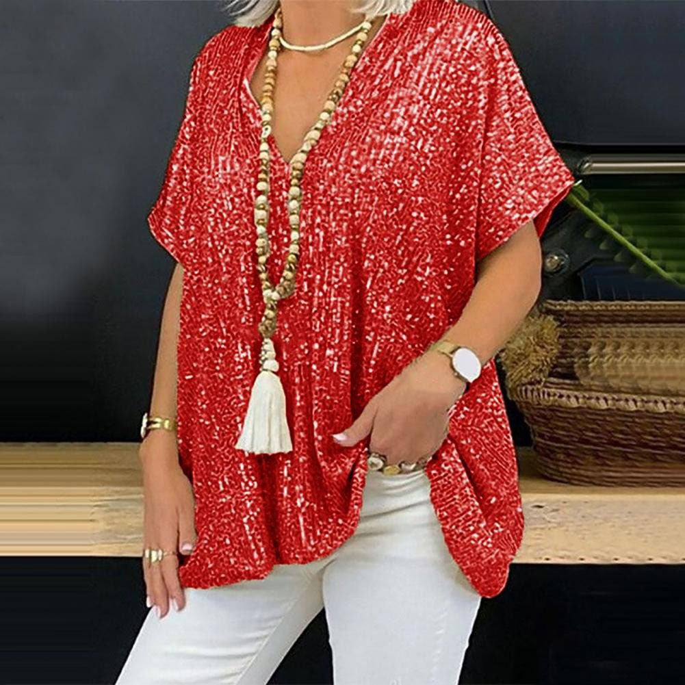 T-Shirt tunique paillettes glamour pour femmes avec décolleté en V Chic und Stil