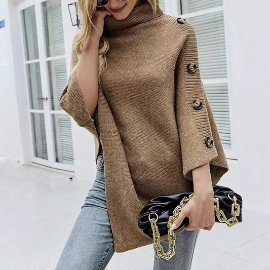 Dame poncho en tricot avec col haut et boutons décoratifs Chic und Stil