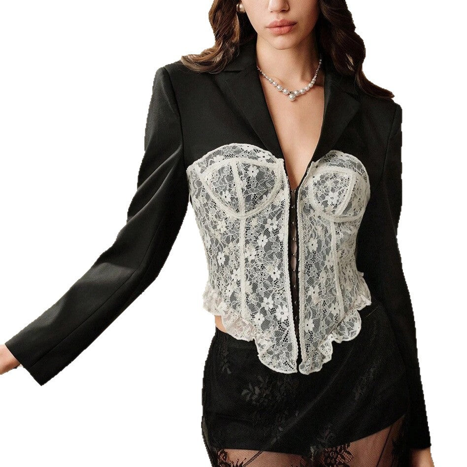 Dames Blazer en dentelle élégant avec inserts transparents Chic und Stil