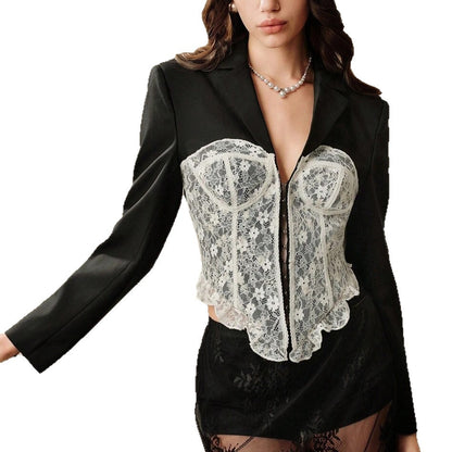 Dames Blazer en dentelle élégant avec inserts transparents Chic und Stil