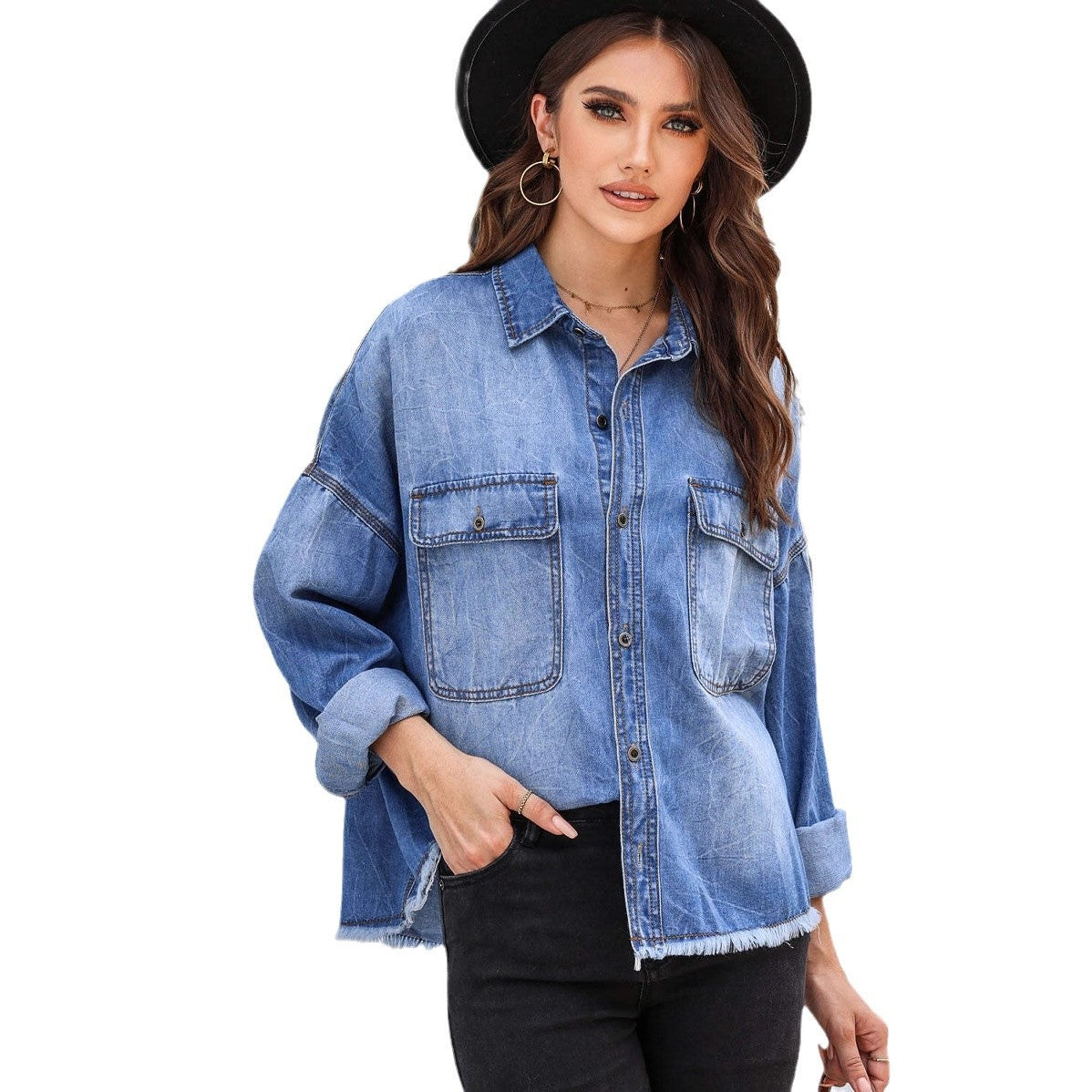 Chemise en jean oversize décontractée pour femmes avec poches plaquées Chic und Stil