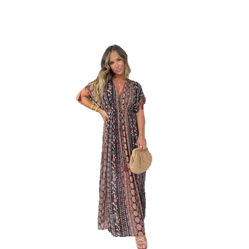 Robe maxi élégante pour femmes avec imprimé à la mode et décolleté en V Chic und Stil
