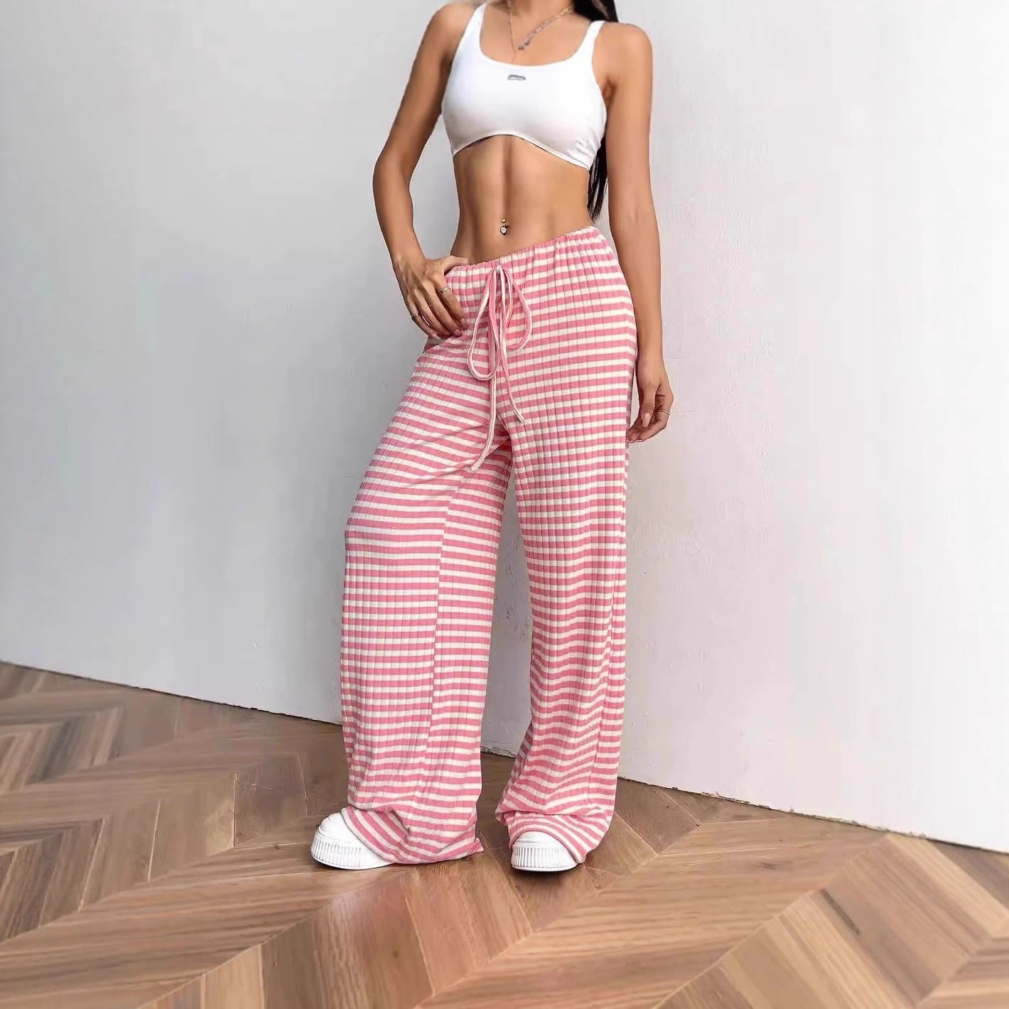 Wide striped palazzo pants in lightweight cotton for women with tie belt Chic and Style