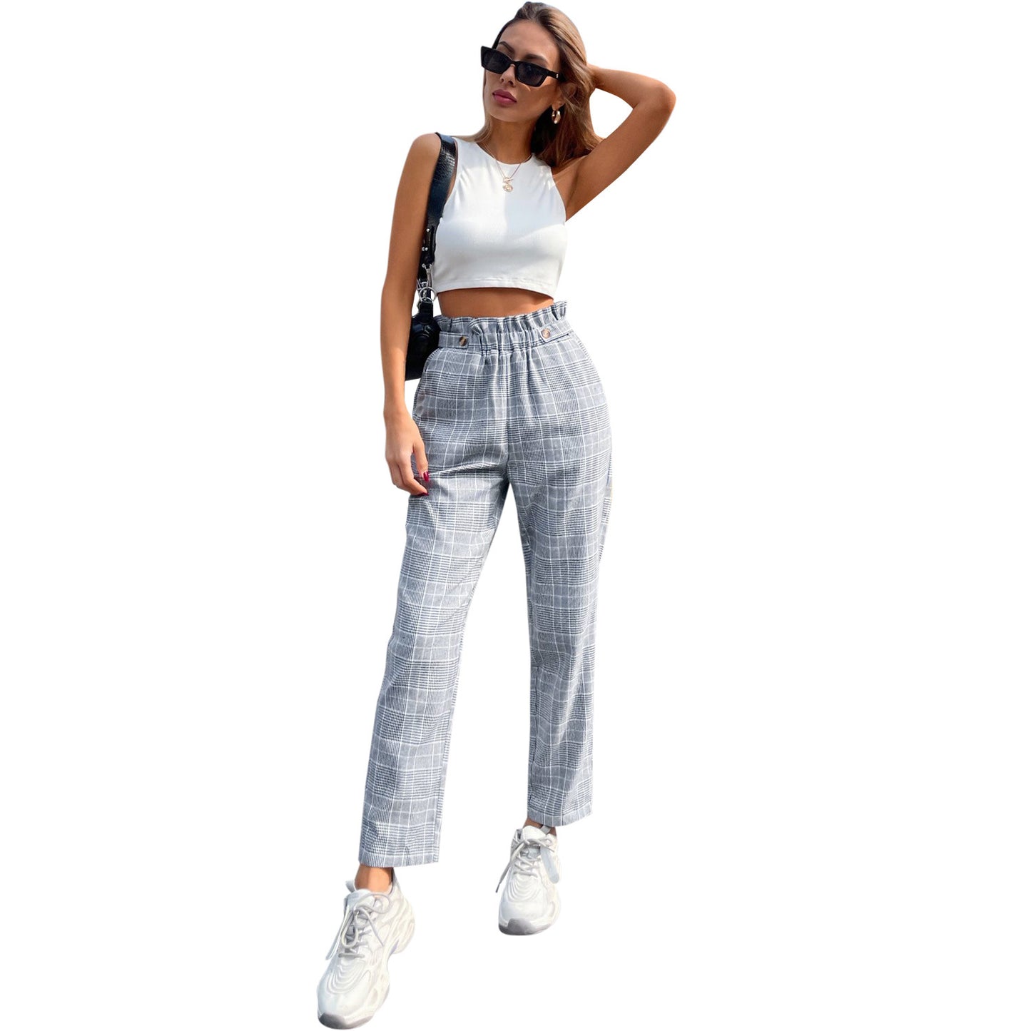 Pantalon taille haute à carreaux pour femmes avec taille élastique et détails de bouton classiques Chic und Stil