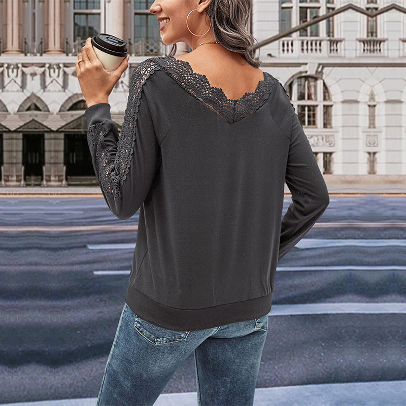 Chemisier à manches longues pour femmes avec ornements en dentelle et décolleté en V Chic und Stil