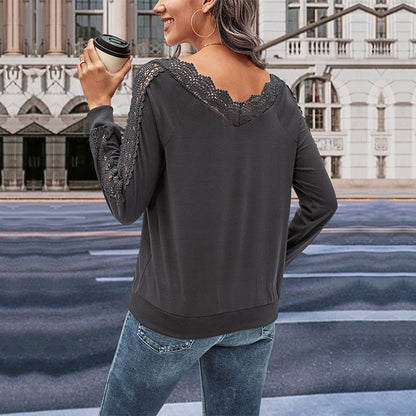Chemisier à manches longues pour femmes avec ornements en dentelle et décolleté en V Chic und Stil