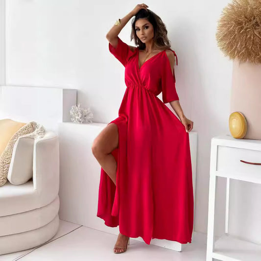 Women's High Slit Maxi Dress with Adjustable Tie Belt Chic und Stil