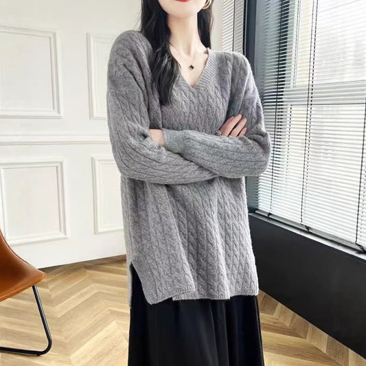 Femme pull en grosse maille avec décolleté en V et coupe décontractée Chic und Stil