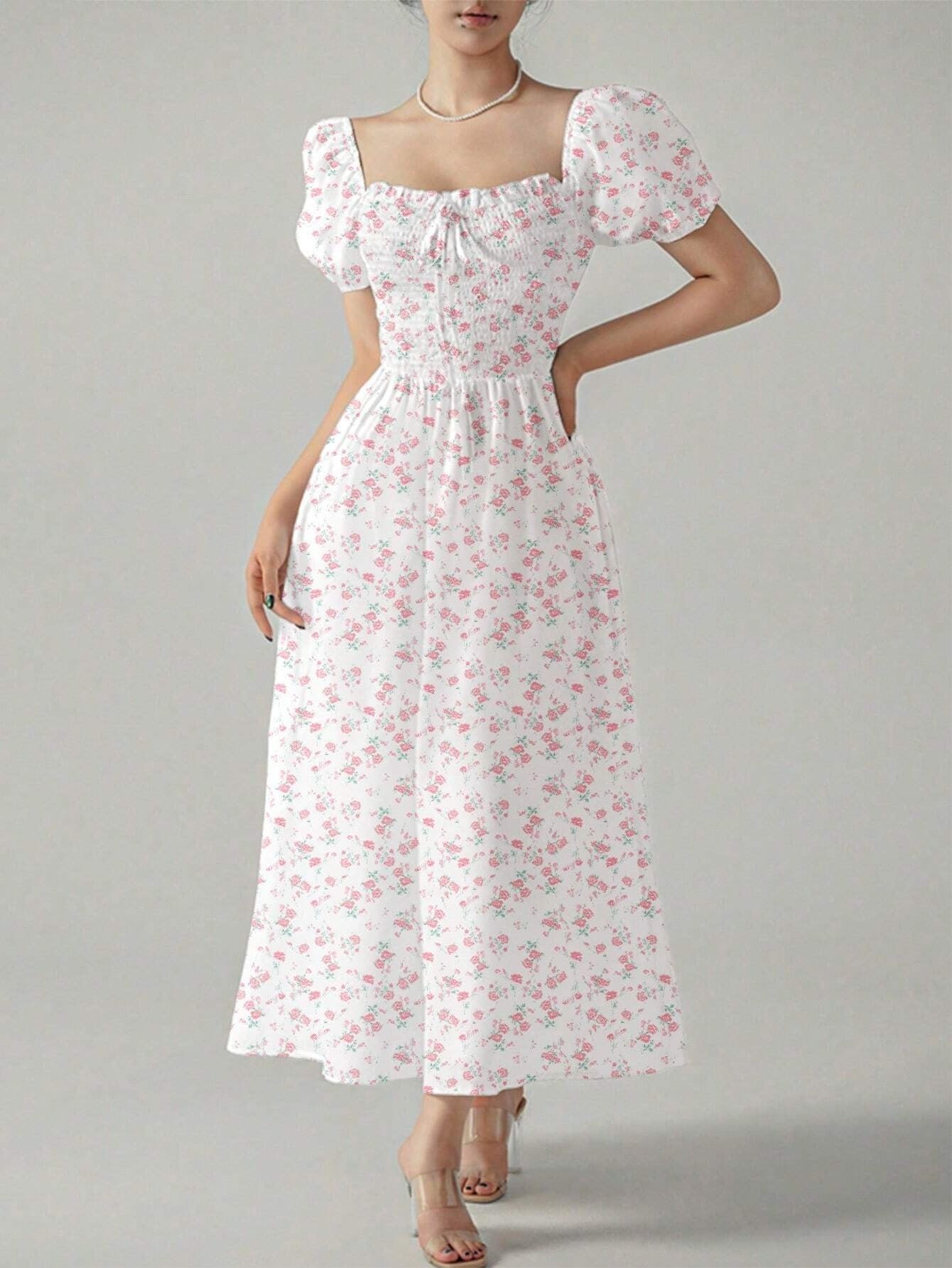 Dames Fleurs Manches Puff Maxi Robe Chic und Stil