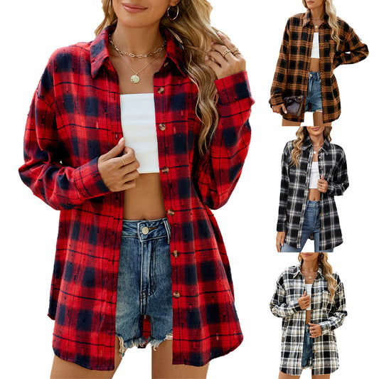 Dames Chemise en flanelle à carreaux avec coupe décontractée et détails en bois Chic und Stil