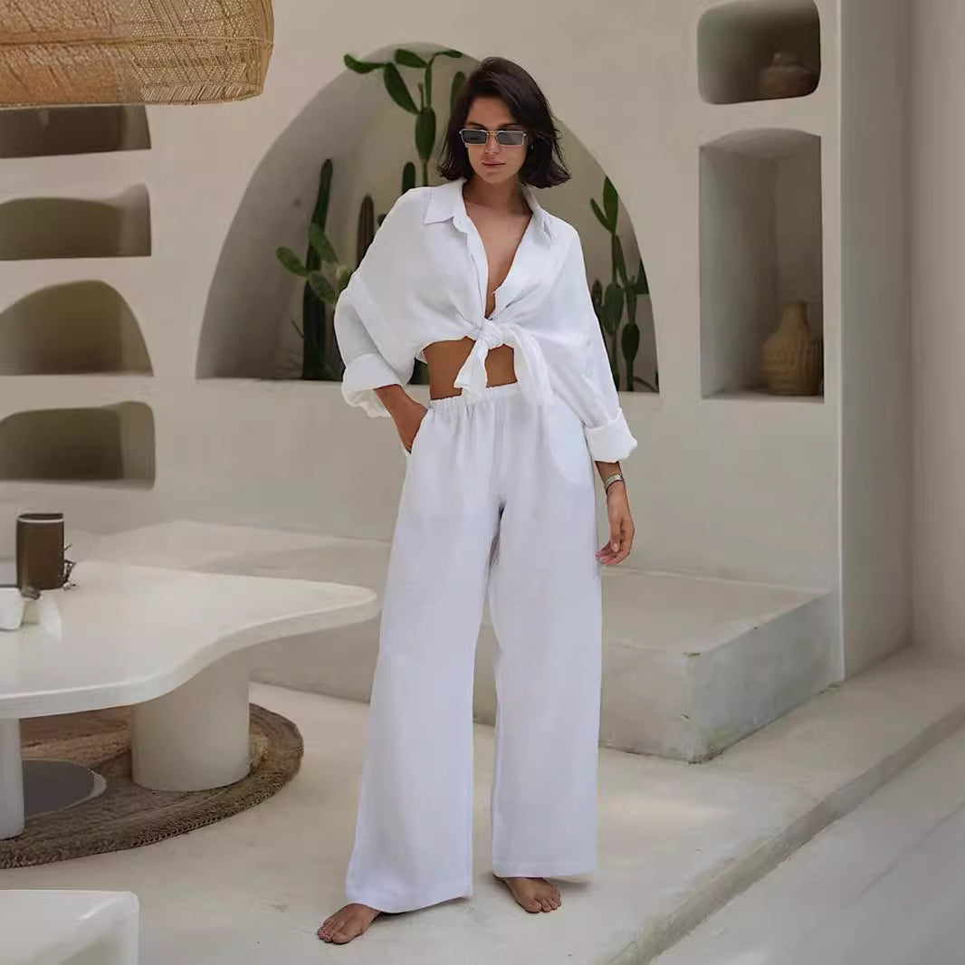 Comfortable linen loungewear set for women with wide sleeves and flowy pants Chic and Style