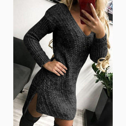 Robe en tricot pour femmes avec un élégant décolleté en V, des détails de boutons et une fente latérale Chic und Stil