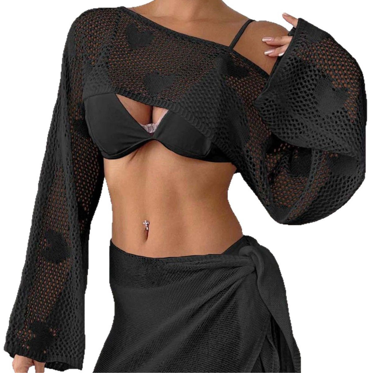 Ladies heart pattern mesh beach cover-up set Chic and Style
