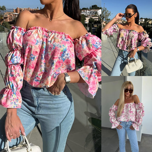 Blouse à fleurs off-shoulder pour femmes avec manches ballon Chic und Stil