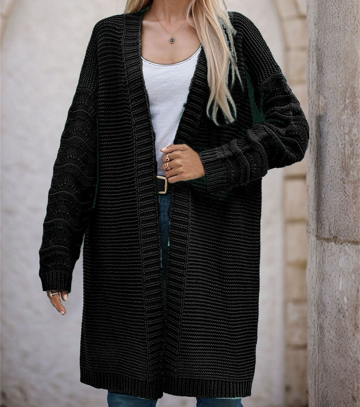Dames Long Pull Cardigan avec une structure de maille aérée et un devant ouvert Chic und Stil
