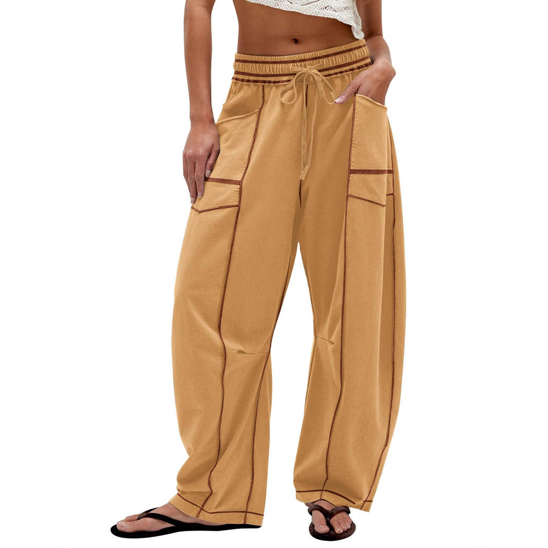 Ladies Comfortable Wide Pants with Practical Pockets and Elastic Belt Chic and Style
