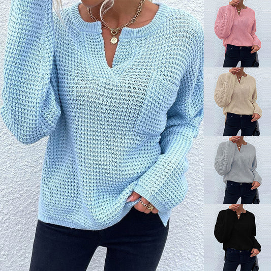 Pull en tricot décontracté pour femmes avec décolleté en V et surface texturée Chic und Stil