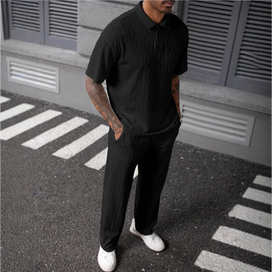 Hommes Ensemble polo en tricot câblé confortable et pantalon Chic und Stil