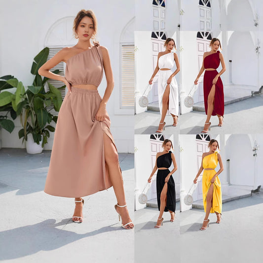 Robe maxi asymétrique pour dames avec décolleté à boutonnière et fente haute Chic und Stil