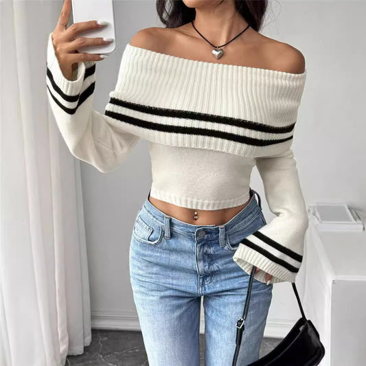 Dames Off-Shoulder Crop-Pullover avec des rayures décontractées Chic und Stil