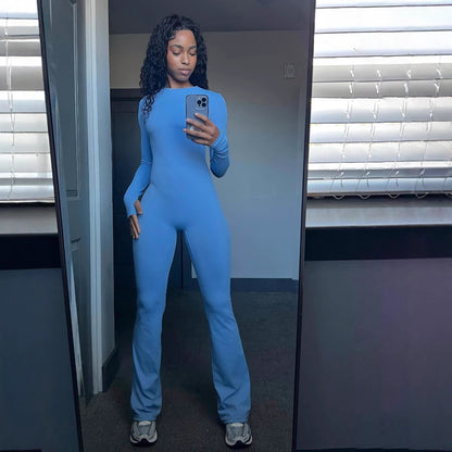 Dames élégant bodycon combinaison avec manches longues et jambes évasées Chic und Stil