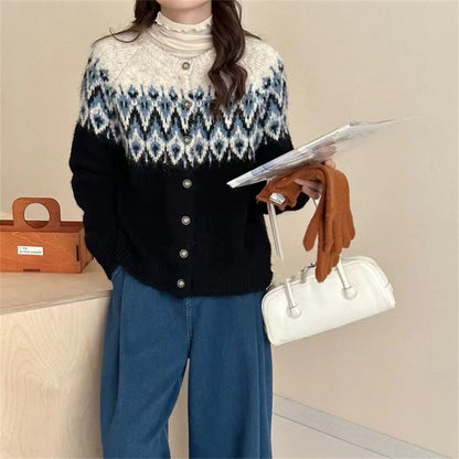 Dames gros tricot cardigan avec motif Fair-Isle géométrique et élégante patte de boutonnage Chic und Stil