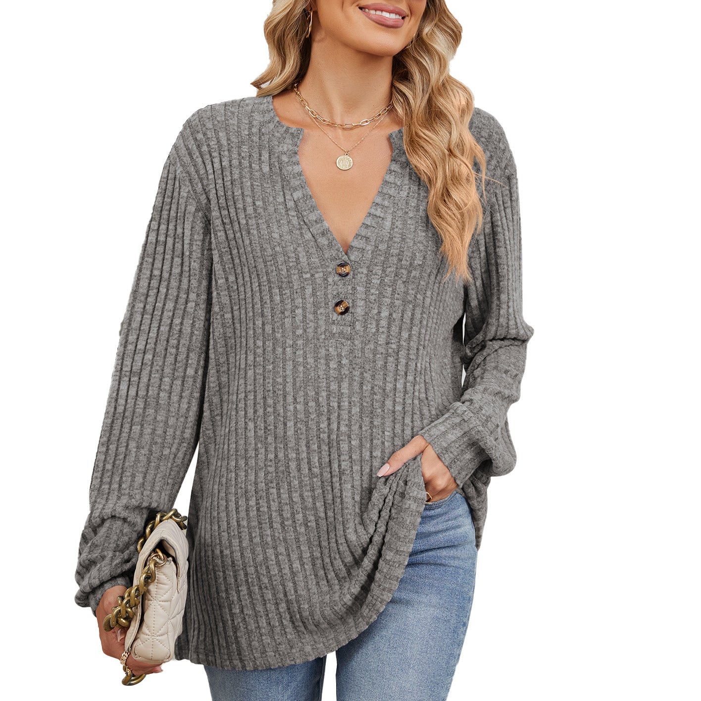 Chemisier à manches longues pour femmes avec décolleté en V texturé et détails de boutons Chic und Stil