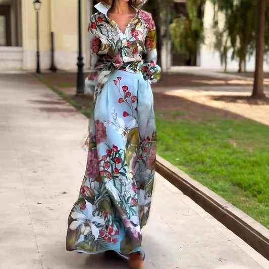 Dames Élégante Robe Maxi avec Motif Floral et Belle Ceinture Chic und Stil