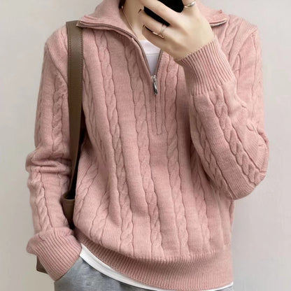Pull en laine à tresses douillet pour femmes avec demi-fermeture éclair et larges poignets Chic und Stil