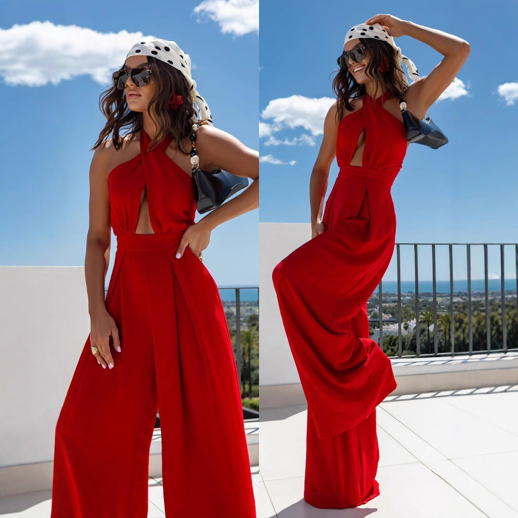 Dames Cut-Out Halter Neck Pantalon Large Chic und Stil