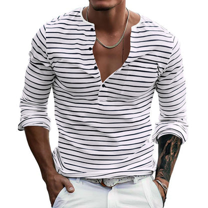 Chemise à manches longues à rayures pour hommes avec patte de boutonnage et décolleté en V Chic und Stil