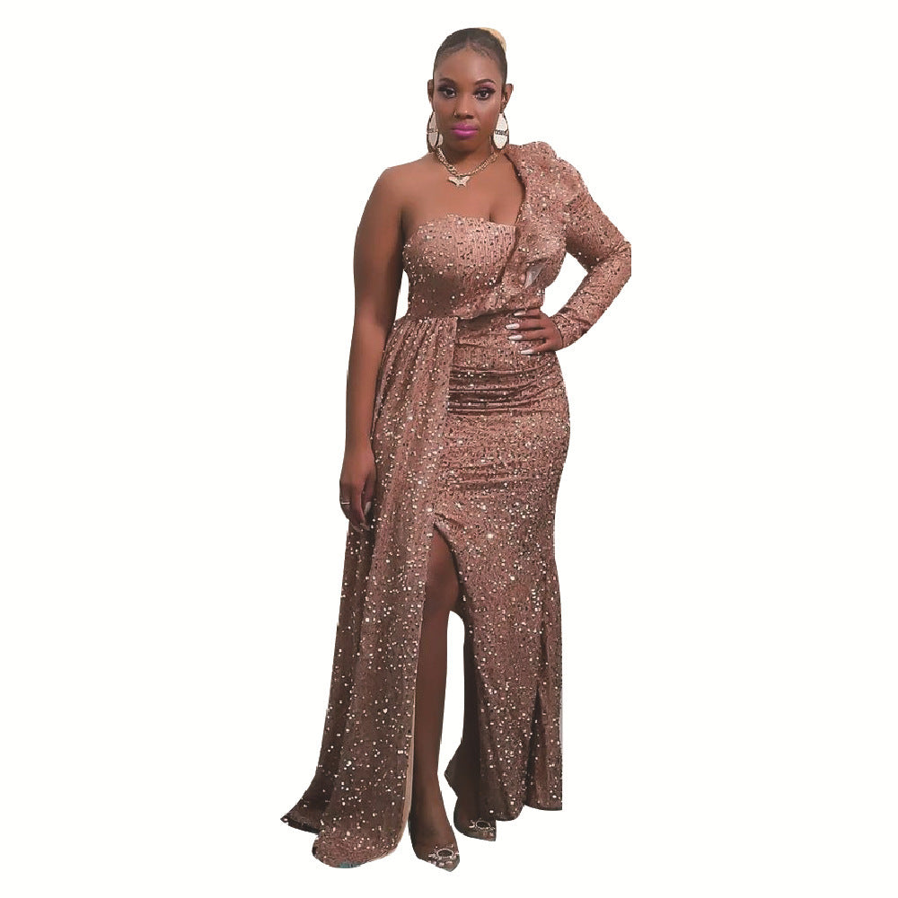 Femmes Robe maxi élégante sans épaules avec des accents scintillants et un design asymétrique Chic und Stil