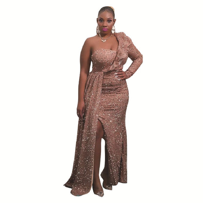 Femmes Robe maxi élégante sans épaules avec des accents scintillants et un design asymétrique Chic und Stil