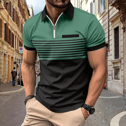Hommes Polo-Shirt Zip à Rayures Contrastées Modernes Chic und Stil