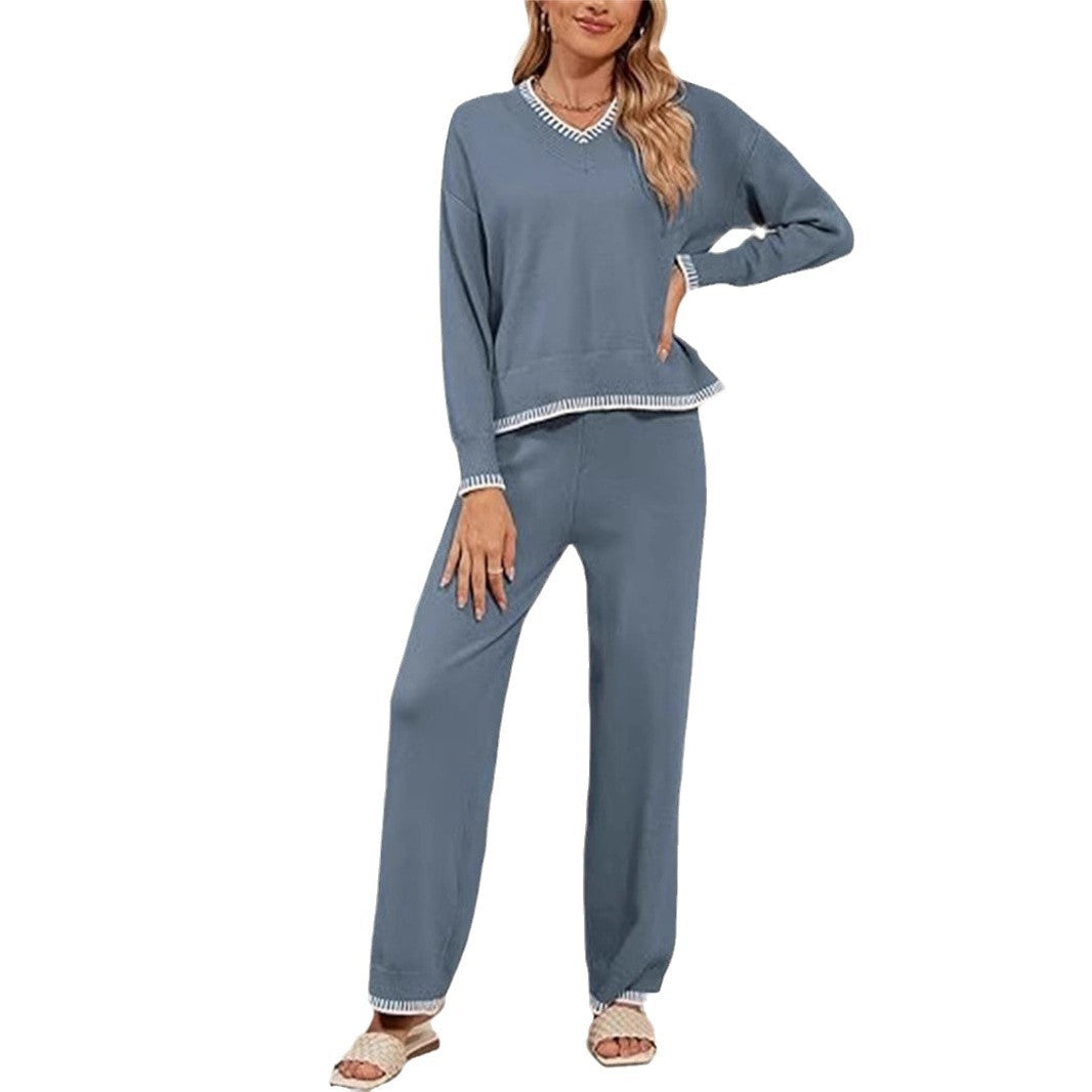 Ensemble pull et pantalon à col en V confortable pour femmes Chic und Stil