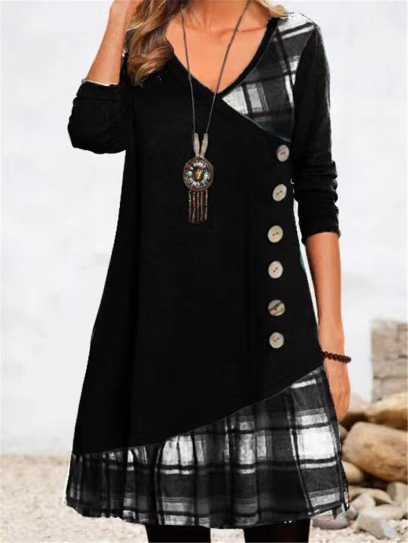 Robe décontractée asymétrique pour femmes avec ourlet à carreaux et détail de bouton Chic und Stil