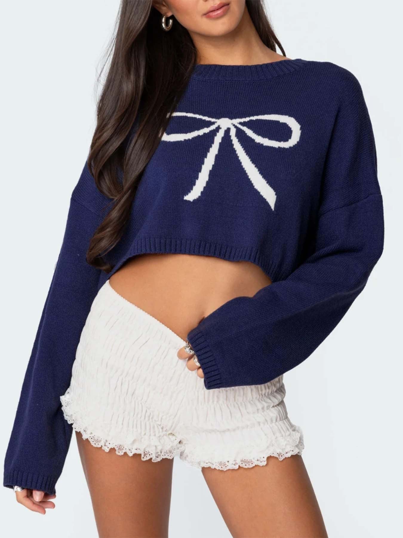 Femme pull court décontracté avec motif de nœud décoratif Chic und Stil