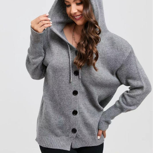 Cardigan en tricot décontracté pour femmes avec capuche et grands boutons Chic und Stil