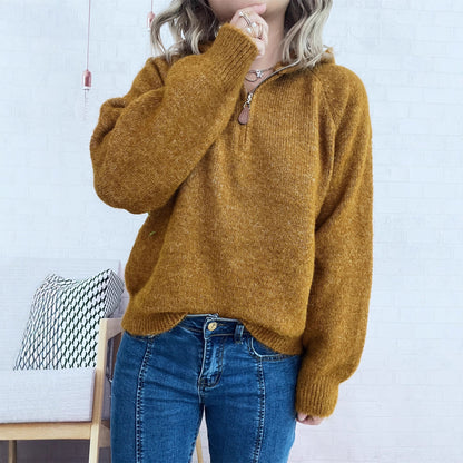 Dames pull à capuche douillet avec zip et design côtelé moderne Chic und Stil