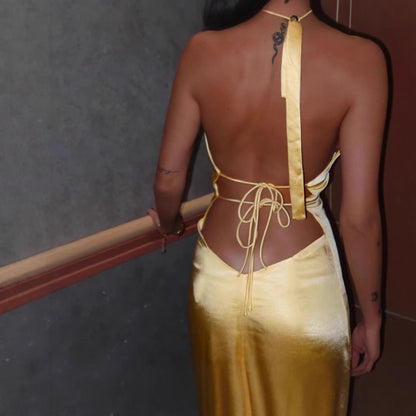 Robe maxi femme à décolleté en V avec fines bretelles et fente latérale Chic und Stil