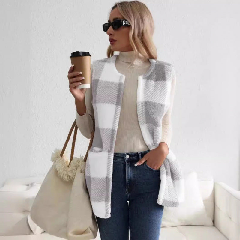 Dames Gilet Douillet avec Motif à Carreaux Tendance Chic und Stil