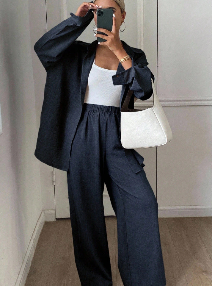 Dames élégant décontracté blouse en lin et large pantalon Chic und Stil