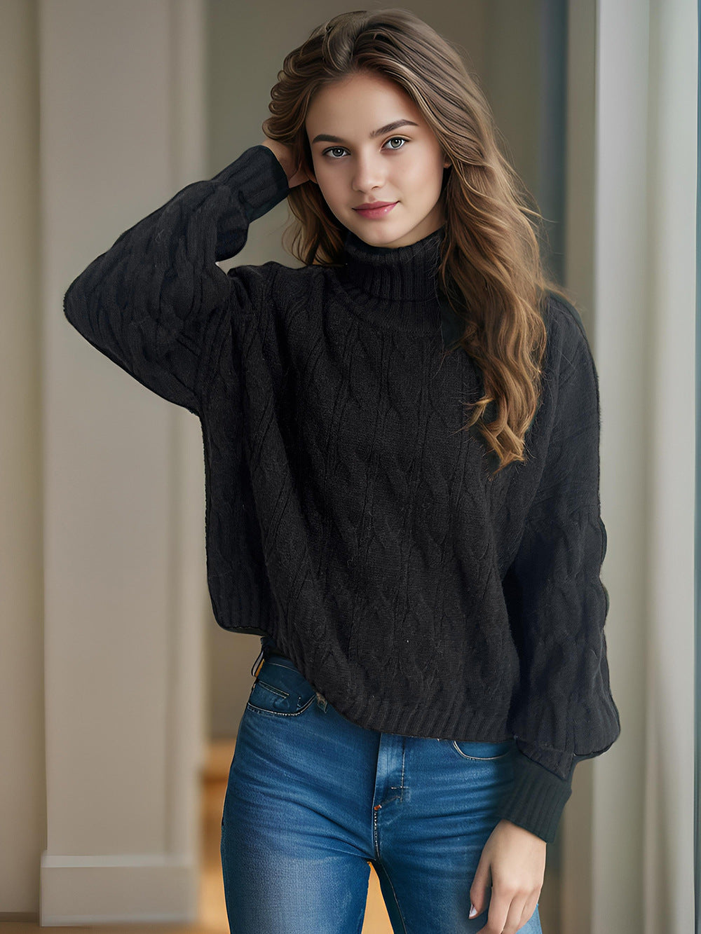 Pull femme en tricot avec col haut et aspect torsadé structuré Chic und Stil