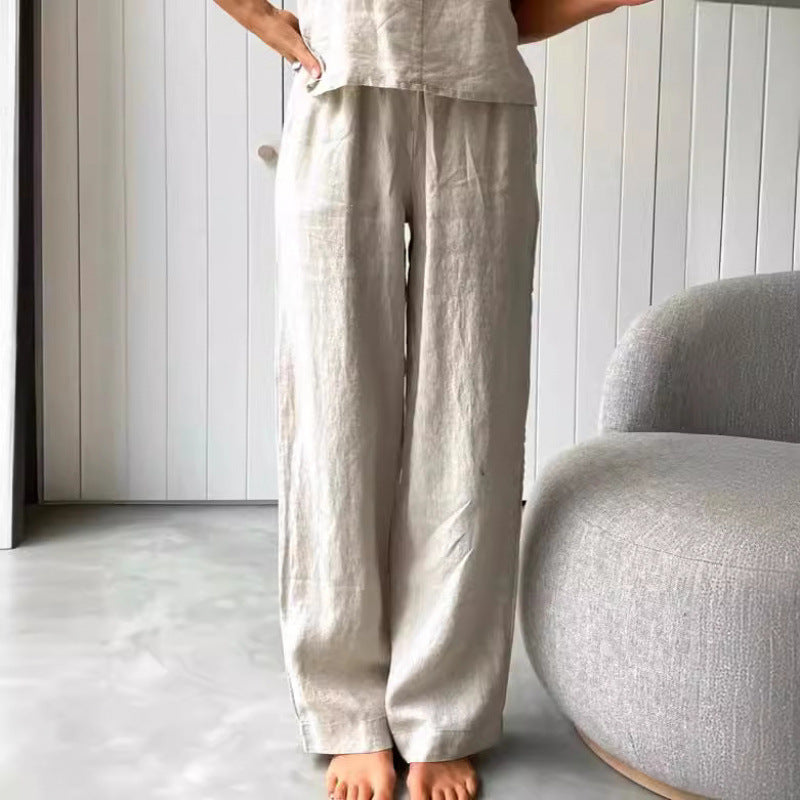 Casual linen set for women with strapless blouse and wide leg pants Chic and Style