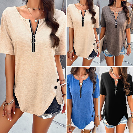 Women's Casual T-Shirt with Side Button Details and V-Neckline Chic und Stil